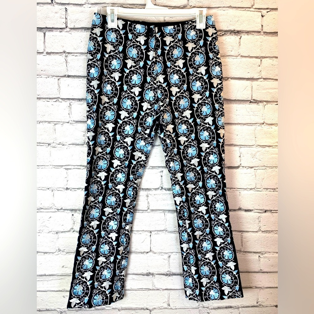CJ Laing Boho Black & Blue Floral Embroidered Crop Pants size 2